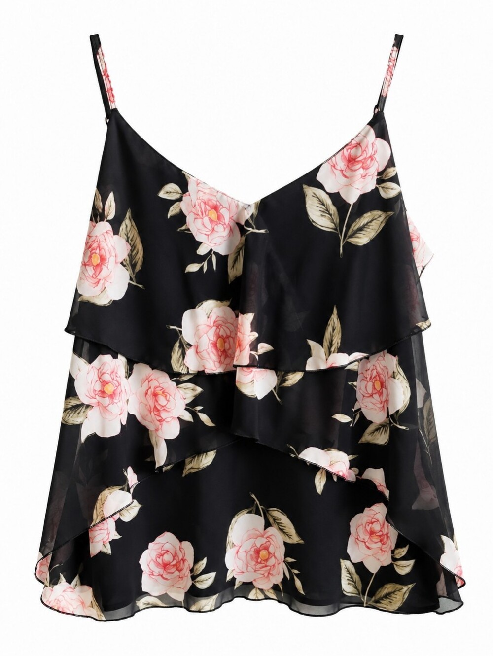 le château Black Floral Ruffle Camisole with Pink Roses XL